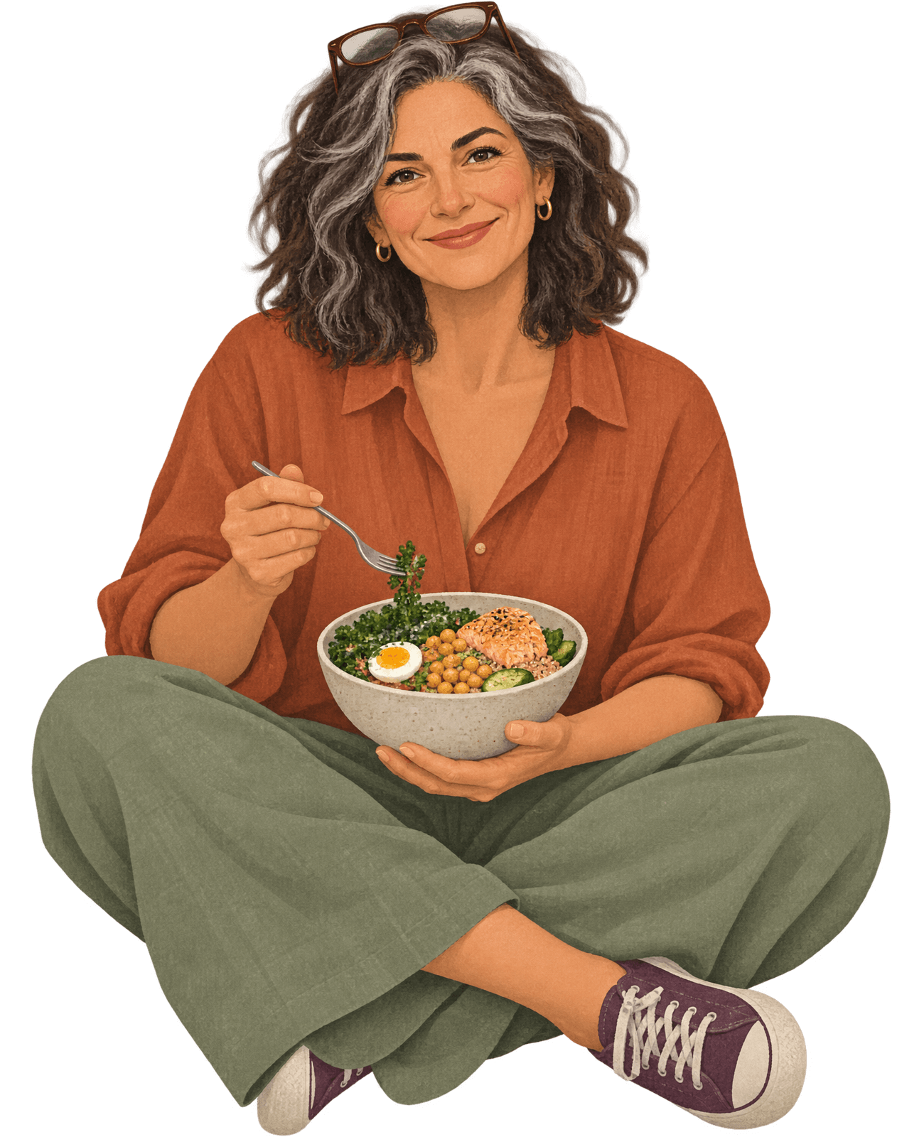 Marla, an illustrated woman in her fifties with grey-streaked hair, sitting cross-legged with a bowl of greens, egg, chickpeas and salmon.